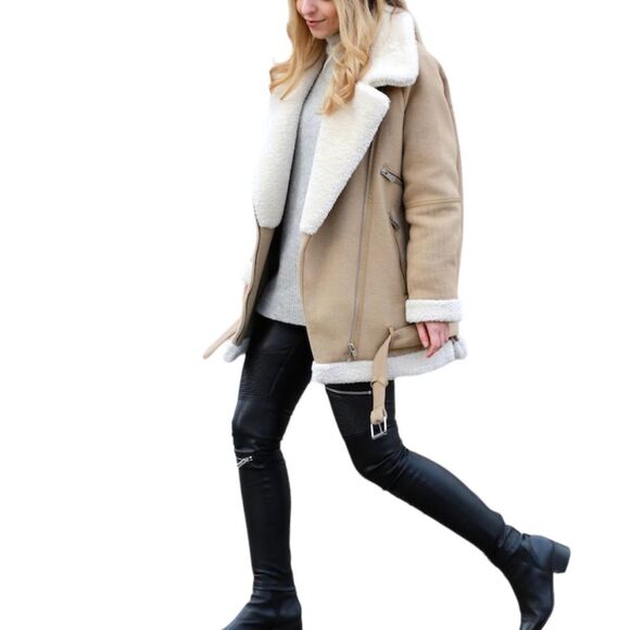 Zara Basic Wool Sherpa Blend Long Sleeve Coat.  Tan/Cream. Medium. Streetwear. - Picture 2 of 16